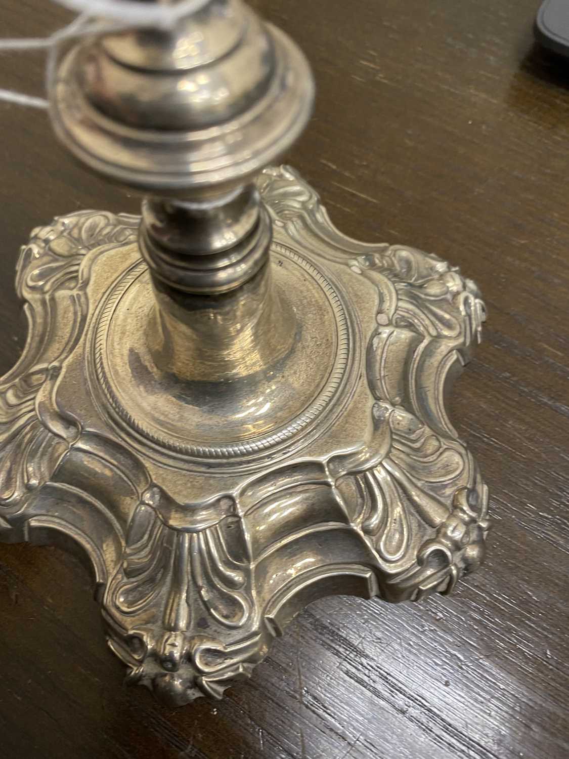A near pair of George II silver candlesticks - Image 6 of 19