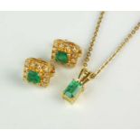 A pair of emerald and diamond cluster earrings and an emerald pendant