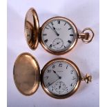 TWO YELLOW METAL ELGIN POCKET WATCHES. 5cm diameter, total weight 214g (2)