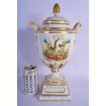 ROYAL WORCESTER LARGE TWO HANDLE VASE AND COVER PAINTED WITH FRUIT AND A BIRD BY T. NUTT DATE MARK F