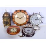 A Funghans wall clock together with a French brass mantle clock, Smiths electric clock and 2 baromet
