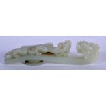 A GOOD 18TH/19TH CENTURY CHINESE CARVED GREENISH WHITE JADE BELT HOOK Qianlong/Jiaqing. 13 cm long.