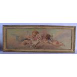 French School (C1900) Oil on canvas, Putti in flight. 110 cm x 40 cm overall.