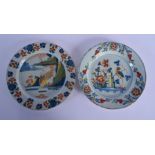 TWO 18TH CENTURY DELFT POLYCHROMED TIN GLAZED PLATES painted with figures and birds. 21.5 cm diamete