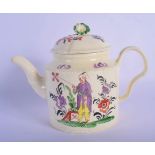 AN 18TH CENTURY ENGLISH CREAMWARE TEAPOT AND COVER painted with an Oriental male within a landscape.