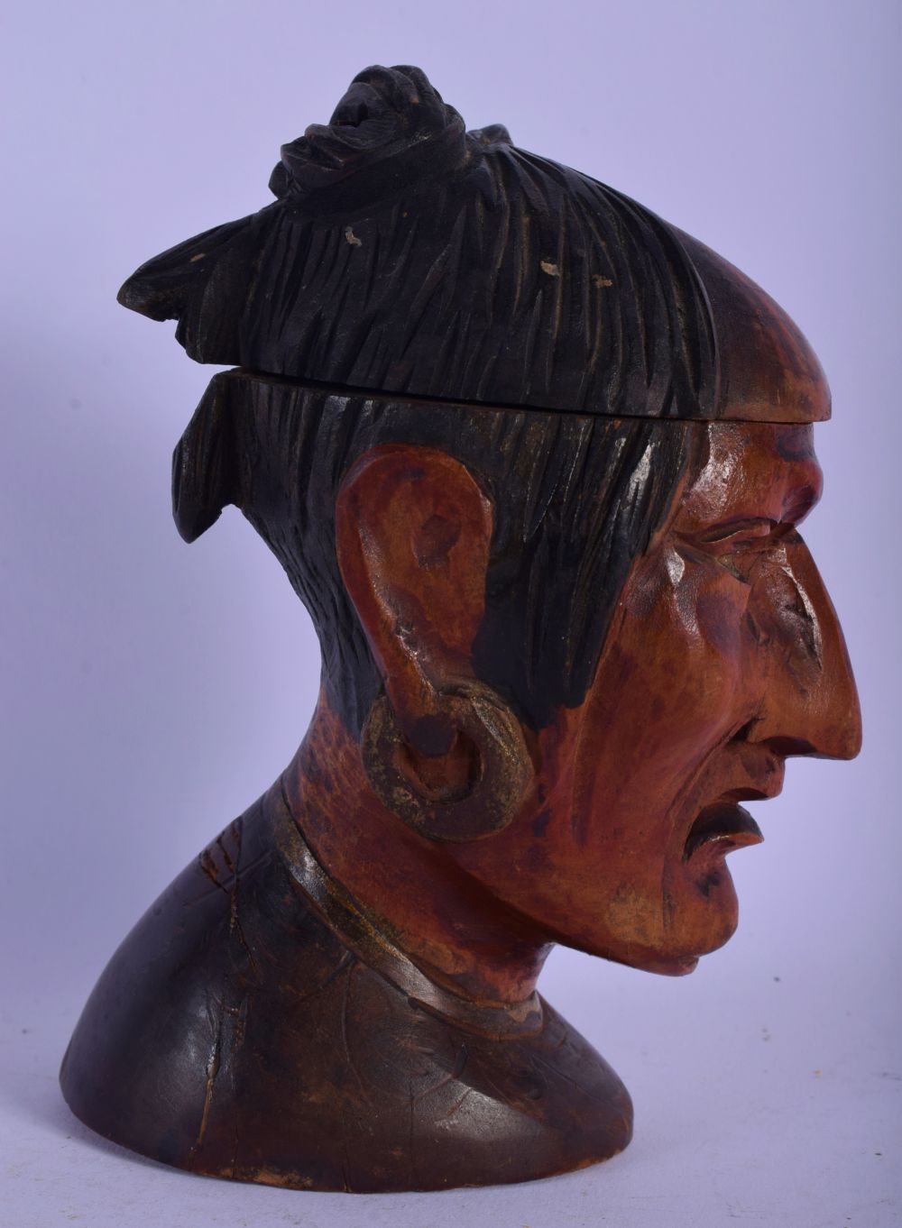 A RARE 19TH CENTURY EUROPEAN CARVED AND PAINTED WOOD INKWELL in the form of a South American tribal - Image 2 of 4