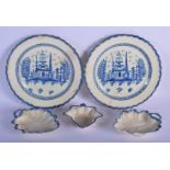 THREE LATE 18TH/19TH CENTURY ENGLISH PEARLWARE LEAF DISHES together with a pair of plates. Largest 2