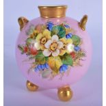 LATE 19TH C. ROYAL WORCESTER VASE OF SPHERICAL SHAPE ON THREE BALL FEET PAINTED WITH WILDFLOWERS AND