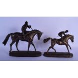 TWO BRONZED EQUESTRIAN SCULPTURES OF RACE HORSES. 30 cm x 28 cm. (2)