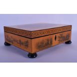 A GOOD 19TH CENTURY ENGLISH SATINWOOD PEN WORK RECTANGULAR BOX decorated with landscapes. 22 cm x 18