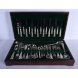 A CASED SET OF ENGLISH SILVER PLATED FLATWARE. Box 58 cm x 30 cm.