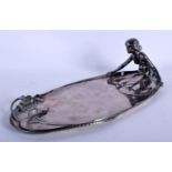 AN ART NOUVEAU WMF SILVER PLATED DISH formed with a female and water snake. 22 cm x 12 cm.