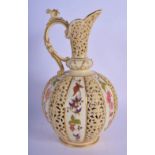 EARLY 20TH C. GRAINGER PORCELAIN BLUSH IVORY EWER PAINTED WITH FLOWERS IN MOULDED BANDS BETWEEN RETI