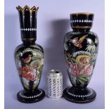 AN UNUSUAL LATE VICTORIAN ENAMELLED OPALINE BLACK GLASS VASE painted with birds nests and foliage. L