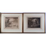 A framed pair of antique engravings of a pheasant shoot . 35 x 42 cm.