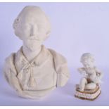 AN ANTIQUE ENGLISH PARIAN WARE BUST OF SHAKESPEARE together with a small parian ware cupid. Largest