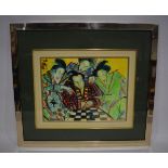 A framed oil of Japanese males signed MAP 30 x 39cm.