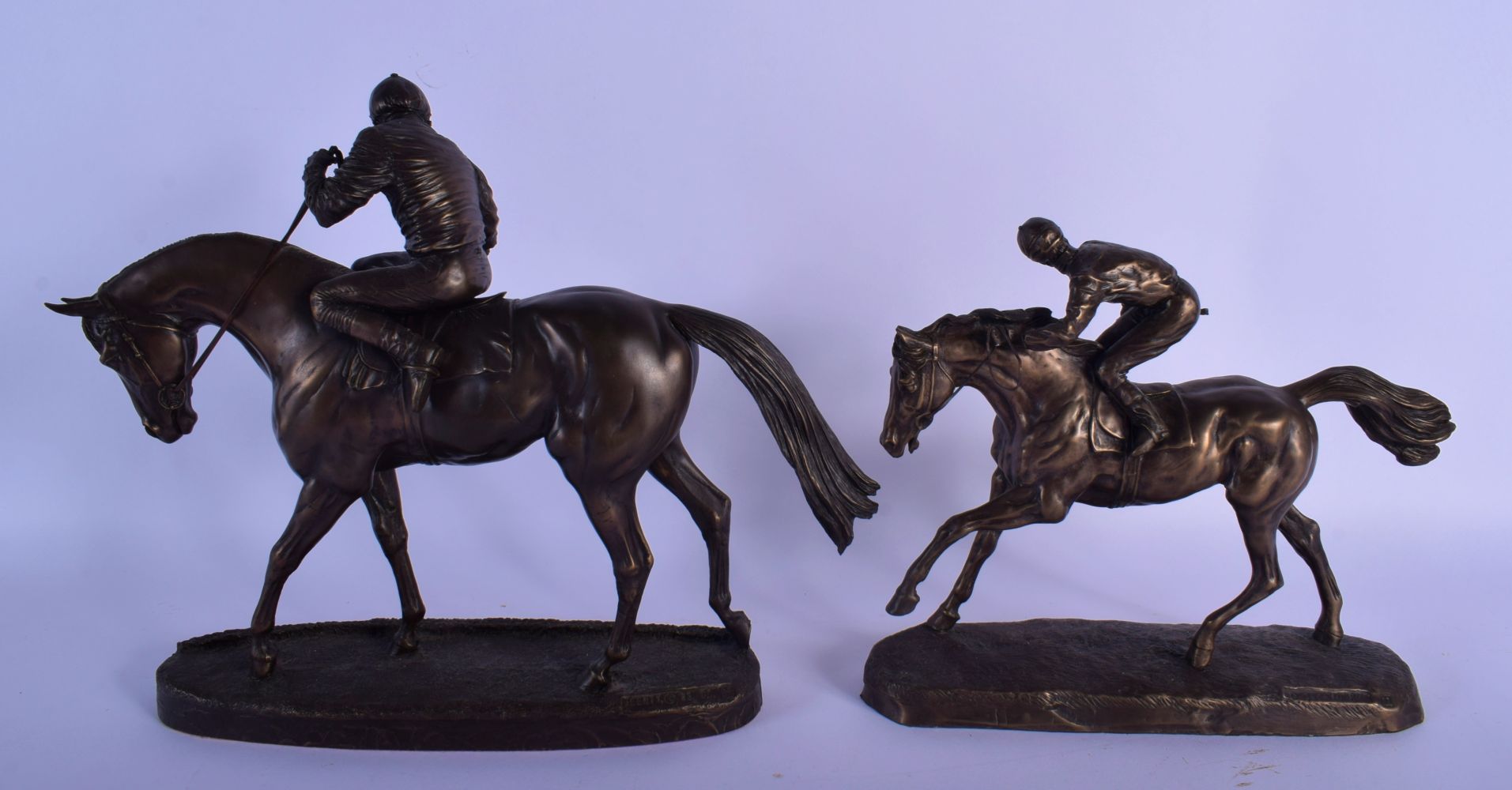TWO BRONZED EQUESTRIAN SCULPTURES OF RACE HORSES. 30 cm x 28 cm. (2) - Image 4 of 4