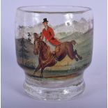 A VINTAGE CRACKLE GLAZED FOX HUNTING GLASS. 9 cm x 8 cm.