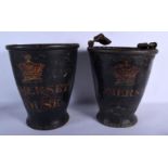 A CHARMING PAIR OF 18TH/19TH CENTURY SOMERSET HOUSE LEATHER BUCKETS with painted crest. 37 cm x 20 c