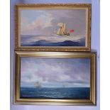 European School (20th Century) Pair, Oil on canvas, Boats at sea. Largest 60 cm x 42 cm overall.