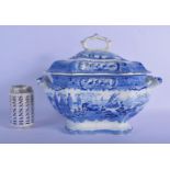 AN EARLY 19TH CENTURY ENGLISH BLUE AND WHITE TUREEN AND COVER decorated with buildings and landscape