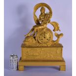 A LARGE EARLY 19TH CENTURY FRENCH EMPIRE ORMOLU MANTEL CLOCK formed as a figure upon a fish, over a