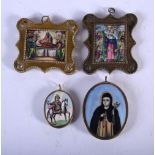 FOUR 18TH CENTURY RUSSIAN ENAMELLED PAINTED ICONS in various forms and sizes. Largest 5.5 cm x 6 cm.
