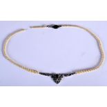 AN ART DECO SILVER SAPPHIRE AND COSTUME PEARL NECKLACE. 40 cm long.