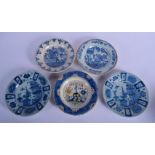 FIVE 18TH CENTURY DELFT BLUE AND WHITE PLATES in various designs. 22 cm diameter. (5)