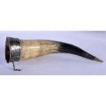 AN ANTIQUE RUSSIAN SILVER NIELLO HORN POWDER FLASK. 28 cm long.