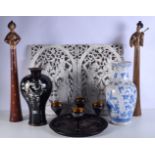 A pair of South Eastern Asian wooden carved panels , two wooden Geishas, lacquer tray with cups etc