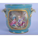 A MID 19TH CENTURY FRENCH TWIN HANDLED SEVRES PORCELAIN CACHE POT painted with figures and flowers.