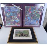 A pair of framed abstract prints by Kathleen Madden together with a coloured charcoal of men fishing