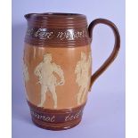 AN UNUSUAL ANTIQUE DOULTON LAMBETH STONEWARE JUG decorated with theatrical figures. 19 cm x 13 cm.