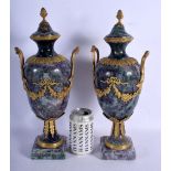 A LOVELY PAIR OF 19TH CENTURY EUROPEAN BLUEJOHN STYLE ORMOLU VASES with acanthus mounts. 37 cm x 12