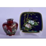 AN EARLY 20TH CENTURY JAPANESE MEIJI PERIOD CLOISONNÉ ENAMEL VASE together with a blue enamel dish.