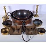 A large quantity of brass and copper items including Skillet, bowl and Indian engraved bowls, Candle