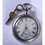 A SILVER HALF HUNTER POCKET WATCH WITH KEY. Hallmarked London 1883,Dial 5cm diameter, weight 139g