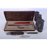 A Christoph widmann stationery set together with German binoculars and three pen knives 24 cm (5).