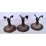 A collection of Bronze and alabaster ornaments in the form of birds of prey 13cm (3)