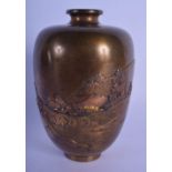 A SMALL 19TH CENTURY JAPANESE MEIJI PERIOD MIXED METAL BRONZE VASE decorated with a hut within a lan