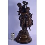 After Moreau (19th Century) A large French bronze figure of two females, modelled with a young putti