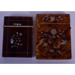 TWO 19TH CENTURY ENGLISH TORTOISESHELL CARD CASES inlaid with mother of pearl. Largest 10 cm x 7.5 c