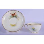 ROYAL WORCESTER TEACUP AND SAUCER PAINTED WITH A WREN BY W. POWELL, SIGNED DATE CODE FOR 1935. Sauc