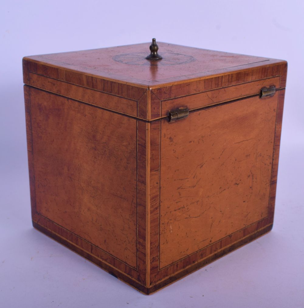 A GEORGE III MAHOGANY SQUARE FORM TEA CADDY decorated with a central shell form motif. 13 cm x 13 cm - Image 2 of 5