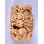 A JAPANESE BONE NETSUKE DECORATED WITH INSECTS. 5cm x 3.2cm, weight 34.2g