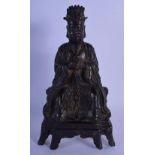 A 17TH/18TH CENTURY CHINESE BRONZE FIGURE OF A BUDDHISTIC DEITY Ming, modelled holding a vessel. 27