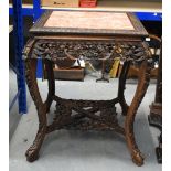 A 19TH CENTURY CHINESE MARBLE TOP SQUARE FORM TABLE WITH SQUARE FLORAL CARVED UNDER TIER. 78cm x 70