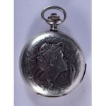 A CONTINENTAL SILVER EROTIC HUNTER POCKET WATCH. Dial 4.5cm diameter, weight 161g